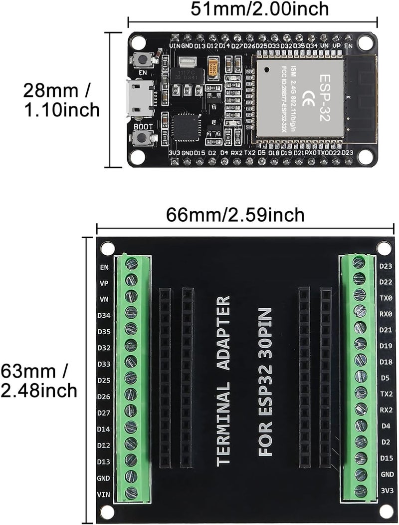 DORHEA 3 مجموعات ESP-WROOM-32 ESP32 ESP-32S لوحة تطوير 30 دبوس واجهة Micro USB WiFi ESP-WROOM-32 مع لوحة تفكيك ESP32 درع محول طرفي لـ ESP32 30 دبوس - Image 4